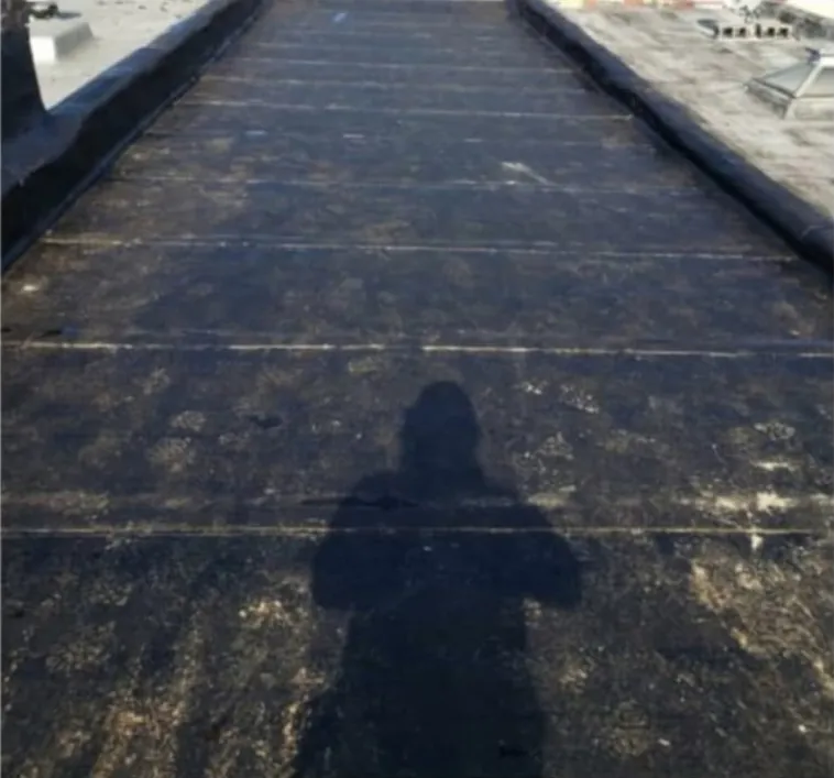Before: flat rowhouse roof covered in worn, patched roll roofing